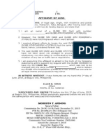 Affidavit of Loss: Republic of The Philippines) Done: City of Baguio) Ss