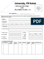 FATA University, FR Kohat: Application Form FOR Employment in Bps 1-16