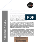 Manual de Instalacion, Uso y Mantenimi Ento de Porcelanatos en Pisos y Paredes Interiores