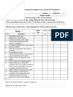 Name of Teacher: .. Subject Taught : Feedback Form For Teacher Evaluation by Students