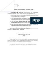 Affidavit of Transfer of Business Name TEODOMERO M. DESTORA, Filipino, of Legal Age, Married and