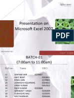 Presentation On Microsoft Excel 2007: First Course