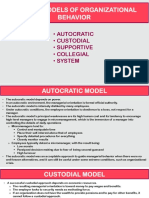 The Five Models of Organizational Behavior: - Autocratic - Custodial - Supportive - Collegial - System