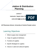 Transportation & Distribution Planning: Instructor: Sayda Uzma Tahira Uzma - Tahira@ucp - Edu.pk