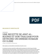 Une Recette de Ayat Al-Koursi Et Son Thalsam Pour Détruire Un Ennemi Humain Ou Djine - Religion Et Spiritualité PDF