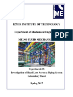 Izmir Institute of Technology: Experiment #3: Investigation of Head Loss Across A Piping System Laboratory Sheet