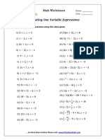 Evaluating One Variable Expressions: Evaluate Each Expression Using The Value Given