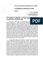 Telecom Regulatory Authority of India: Information Note To The Press (Press Release No. 43 / 2007)