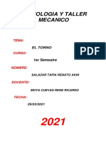 1er Sem Electroecanca Tecnologia y Taller Mecanico El Torno Su Clasificacion Sus Partes y Tipos de Mecanizados Salazar Tapia Renato Akin