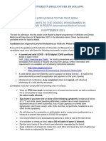 Rules For Access To The Test Area For Applicants To The Degree Programmes in MEDICINE AND SURGERY (International Medical School) 9 September 2021