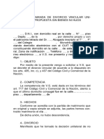 Promueve Demanda de Divorcio Vincular Unilateral Con Propuesta Sin Bienes Ni Hijos