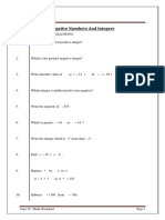 Negative Numbers and Integers: Class VI. Maths Worksheet