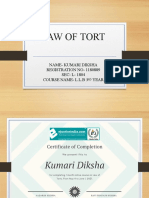 Law of Tort: Name-Kumari Diksha REGISTRATION NO - 1180889 SEC - L - 1804 Course Name - L.L.B 3 Year