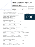 Agustinian School of Cabuyao Laguna, Inc.: Achievement Test - MATH