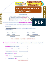 Palabras Homógrafas y Homófonas para Quinto Grado de Primaria