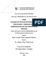 Calidad de Vida en Estudiantes de Psicologia y Ciencias de La Comunicación de Una Universidad Privada