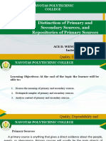 Distinction of Primary and Secondary Sources, and Repositories of Primary Sources