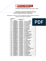 List of Provisionally Selected Candidates