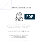 Armonizacion y Sistematizacion de Los Principios Doctrinarios y Juridicos en La Legialación Laboral Salvadoreña