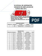 Listado Oficial de Aspirantes Seleccionados Por Carrera en Ampliacion de Cupos Año 2012