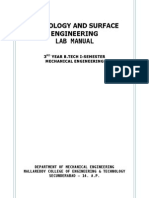 Metrology and Surface Engineering Lab Manual: 3 Year B.Tech I-Semester Mechanical Engineering