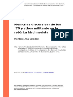 Memorias Discursivas de Los 70 y Ethos Militante en La Retorica Kirchnerista