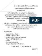 2.1.1 Analiza Un Proceso Químico Que Genere Contaminantes Sólidos y Propone Un Programa Tipo para La Disminución, Tratamiento y Confinamiento de Estos