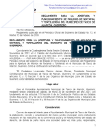 Reglamento para La Apertura y Funcionamiento de Molinos de Nixtamal y Tortillerías Del Municipio de Taxco de Alarcón, Guerrero