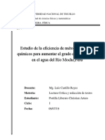 Estudio de La Eficiencia de Métodos Fisicos y Químicos para Aumentar El Grado de Purificacion en El Agua Del Río Moche, Perú