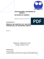 Balance de Materia Con Reaccion Quimica Hidratacion de Anhidrido Acetico