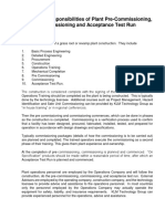 Roles and Responsibilities of Plant Pre-Commissioning, Commissioning and Acceptance Test Run