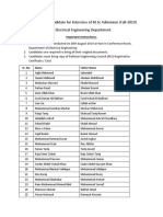 List of Eligible Candidate For Interview of M.SC Admission (Fall-2019) in Electrical Engineering Department