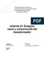 Informe #1 Ensayos Vacío y Cortocircuitó Del Transformador, Luis Rodriguez Ci 28479444