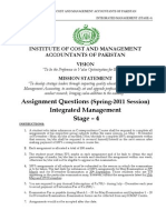 Assignment Questions Integrated Management Stage - 4: Institute of Cost and Management Accountants of Pakistan