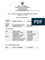 Department of Education: Sdo - Cagayan Culture & Arts Month Got Talent List of Participants A. Solo B. Duet