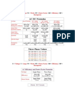 AC/DC Formulas: E / I W / PF / Eff / HP