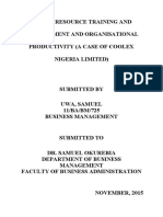 HUMAN RESOURCE TRAINING AND DEVELOPMENT AND ORGANISATIONAL PRODUCTIVITY (A CASE OF COOLEX NIGERIA LIMITED) X