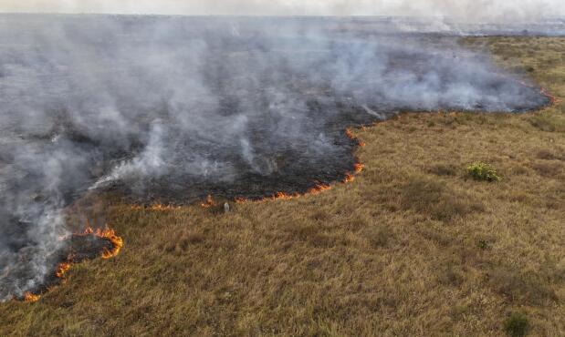 Fotografía aérea que muestra un incendio forestal a finales de junio en el Pantanal brasileño, en Corumbá (Brasil). 