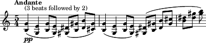 \relative c'' { \time 5/4 \key c \major \clef treble \tempo "Andante" <g b,