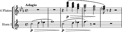 \new StaffGroup { << \new Staff \with { instrumentName = "4 Flutes" } \relative c''' { \time 4/4 \tempo "Adagio" \clef treble \key ees \major R1*2 | r4 <aes c ees g