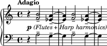 \new PianoStaff << \new Staff { \relative c' { \tempo "Adagio" \key c \major \time 4/4 \clef treble r_\markup{ \dynamic p \italic "(Flutes + Harp harmonics)" } <f b