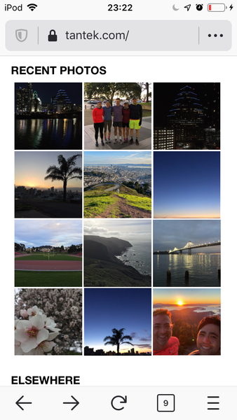 Screenshot of Tantek homepage viewed on iOS Firefox scrolled to show the Recent Photos embed of a 3x4 grid of the twelve most recent photo posts