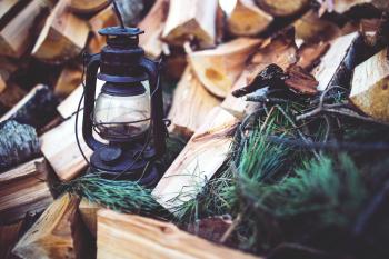 Kerosene lamp on the wood