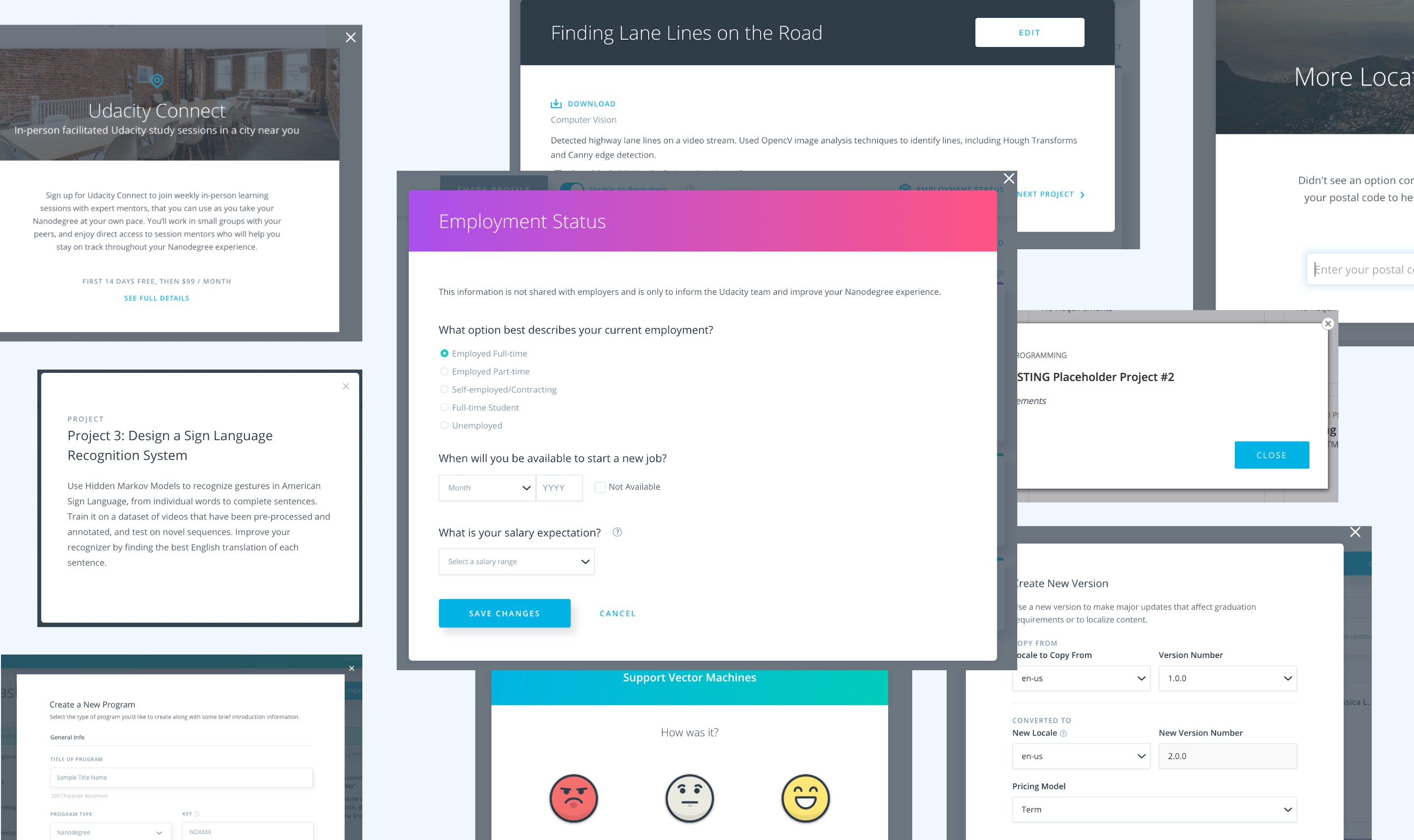 Screenshots of different modals from Udacity