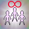 three human silhouettes with limbs relaxed and extended, standing side by side, in front of a galactic background. There is a red infinity symbol centred on the middle human's hips.