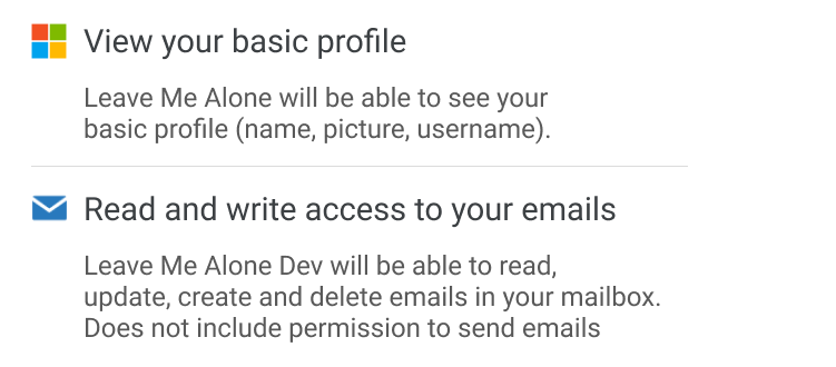 Outlook permissions requested