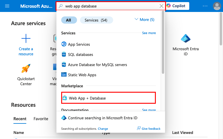 A screenshot showing how to use the search box in the top tool bar to find the Web App + Database creation wizard.