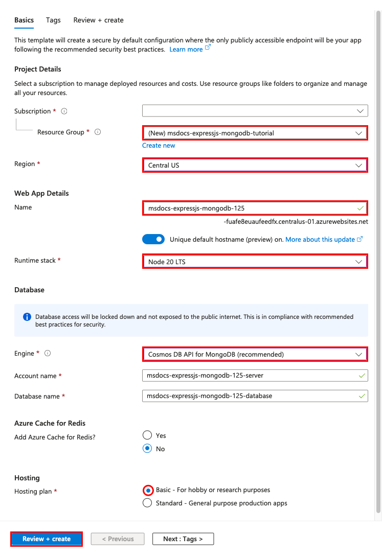 A screenshot showing how to configure a new app and database in the Web App + Database wizard.