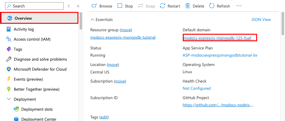 A screenshot showing how to launch an App Service from the Azure portal.