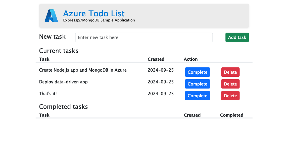 Screenshot of Node.js application storing data in Cosmos DB.